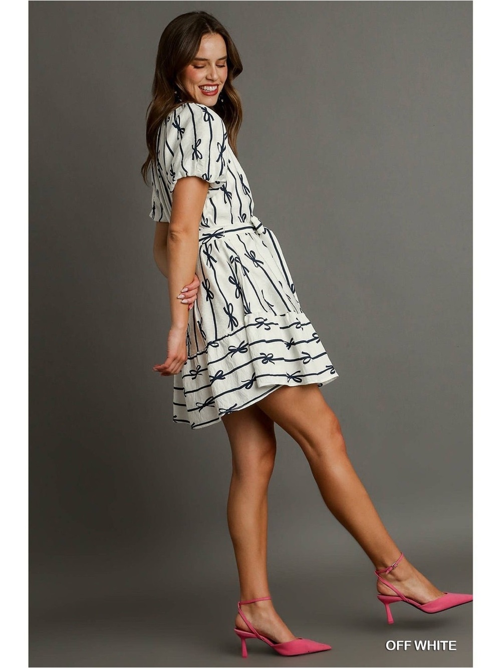 Umgee Off-White Mini Dress with Navy Bow Stripe Curvy Plus Size XL - Picture 3 of 10